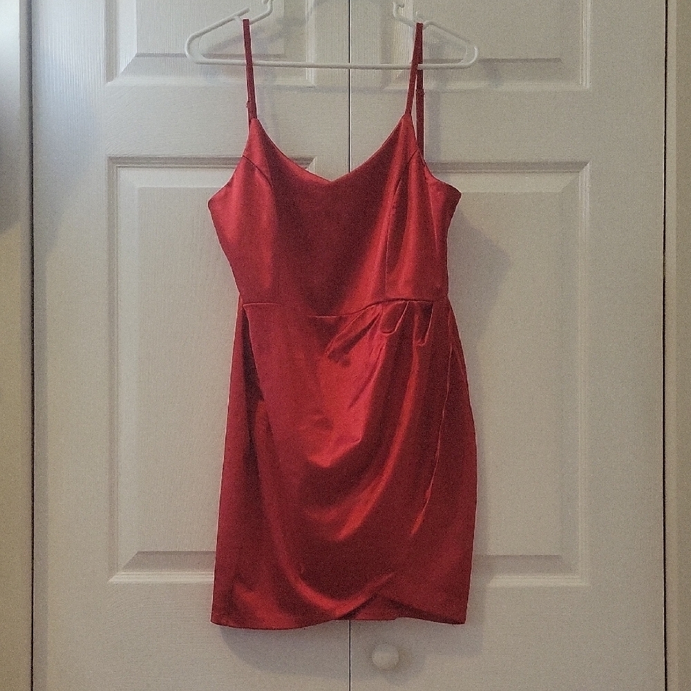 Red Faux Satin Bodycon Dress, Size XL